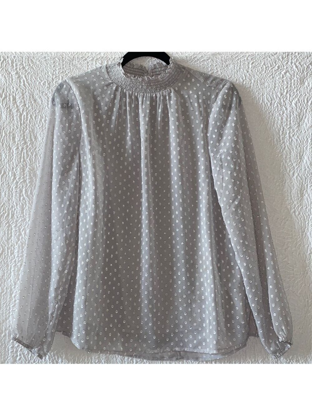 DR2 by Daniel Rainn Polka-Dot Long Puff Sleeves Mock-Neck Blouse